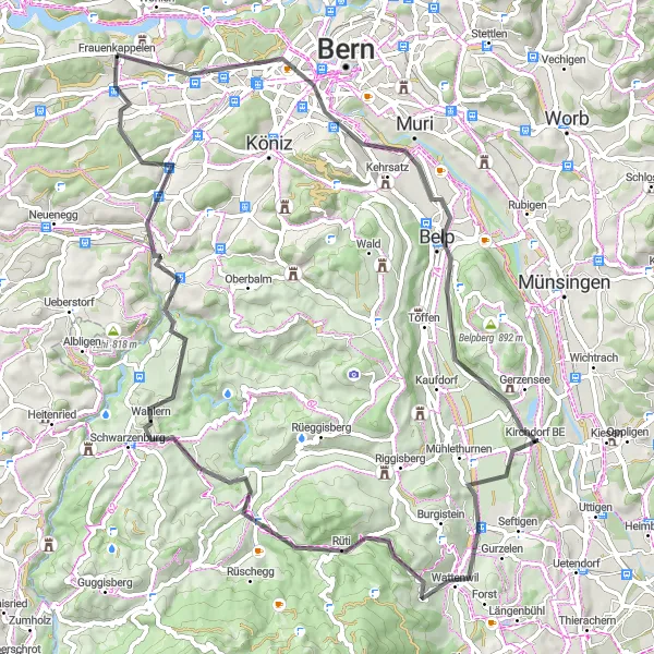 Miniaturekort af cykelinspirationen "Scenic Road Cycling Route til Frauenkappelen" i Espace Mittelland, Switzerland. Genereret af Tarmacs.app cykelruteplanlægger