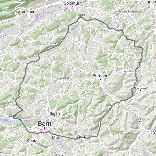 Kartminiatyr av "Bern till Wohlen Road Loop" cykelinspiration i Espace Mittelland, Switzerland. Genererad av Tarmacs.app cykelruttplanerare