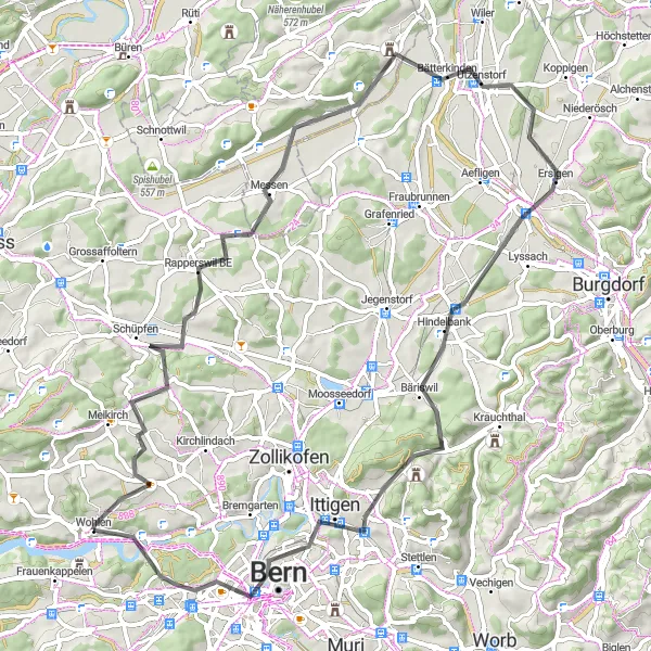 Miniatura della mappa di ispirazione al ciclismo "Avventura ciclistica tra Borghi e Panorami" nella regione di Espace Mittelland, Switzerland. Generata da Tarmacs.app, pianificatore di rotte ciclistiche