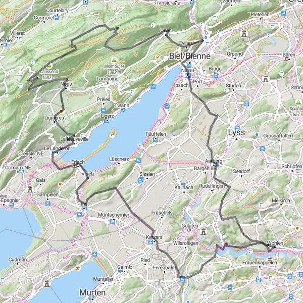 Miniatura della mappa di ispirazione al ciclismo "Ciclismo panoramico verso il Lago di Bienne" nella regione di Espace Mittelland, Switzerland. Generata da Tarmacs.app, pianificatore di rotte ciclistiche
