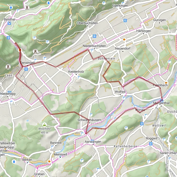 Map miniature of "Through Aarwangen and Murgenthal" cycling inspiration in Espace Mittelland, Switzerland. Generated by Tarmacs.app cycling route planner
