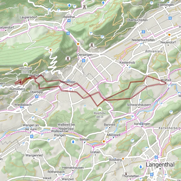 Map miniature of "Schwarzhäusern to Wolfwil Gravel Route" cycling inspiration in Espace Mittelland, Switzerland. Generated by Tarmacs.app cycling route planner