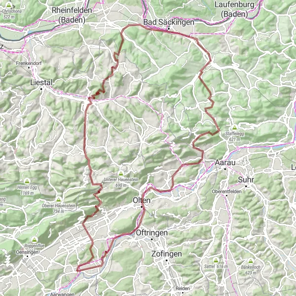 Mapa miniatúra "Gravel Okruh cez Bad Säckingen" cyklistická inšpirácia v Espace Mittelland, Switzerland. Vygenerované cyklistickým plánovačom trás Tarmacs.app