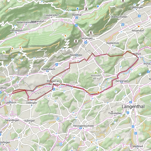 Map miniature of "Aarwangen to Wolfwil Gravel Route" cycling inspiration in Espace Mittelland, Switzerland. Generated by Tarmacs.app cycling route planner