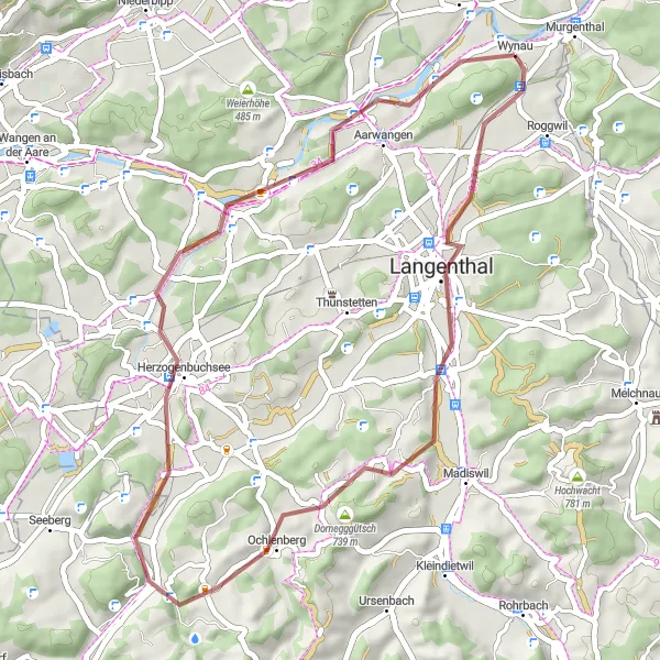 Miniatura della mappa di ispirazione al ciclismo "Tour ciclistico tra paesaggi rurali" nella regione di Espace Mittelland, Switzerland. Generata da Tarmacs.app, pianificatore di rotte ciclistiche