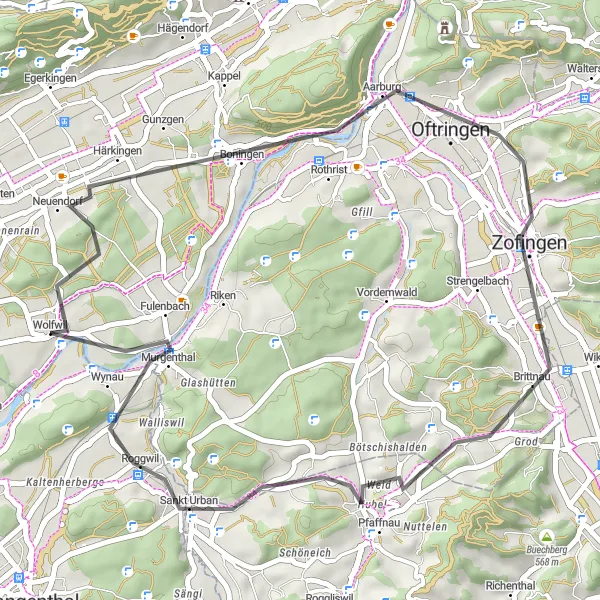 Kartminiatyr av "Aarburg til Fulenbach Road Cycling Route" sykkelinspirasjon i Espace Mittelland, Switzerland. Generert av Tarmacs.app sykkelrutoplanlegger