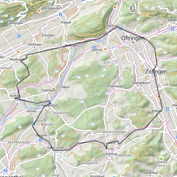 Miniatura della mappa di ispirazione al ciclismo "Giro in bicicletta da Wolfwil ad Aarburg e ritorno" nella regione di Espace Mittelland, Switzerland. Generata da Tarmacs.app, pianificatore di rotte ciclistiche