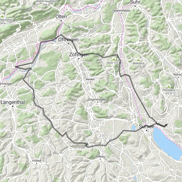 Map miniature of "Zofingen and Sursee Circuit" cycling inspiration in Espace Mittelland, Switzerland. Generated by Tarmacs.app cycling route planner