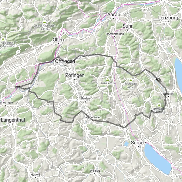 Kartminiatyr av "Vägcykeltur till Murgenthal" cykelinspiration i Espace Mittelland, Switzerland. Genererad av Tarmacs.app cykelruttplanerare