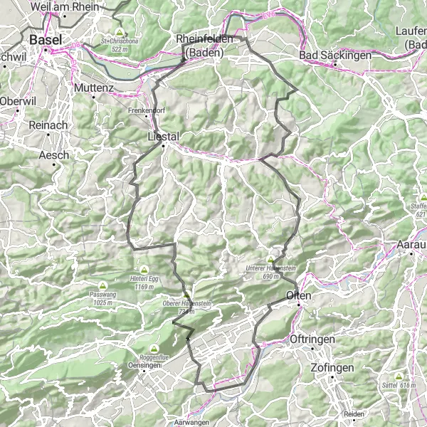 Kartminiatyr av "Niederbuchsiten til Olten Road Cycling Route" sykkelinspirasjon i Espace Mittelland, Switzerland. Generert av Tarmacs.app sykkelrutoplanlegger