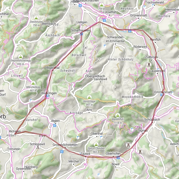 Miniatura della mappa di ispirazione al ciclismo "Giro in bicicletta gravel da Lützelflüh a Schlosswil" nella regione di Espace Mittelland, Switzerland. Generata da Tarmacs.app, pianificatore di rotte ciclistiche