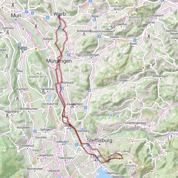 Miniatua del mapa de inspiración ciclista "Ruta de ciclismo de grava Münsingen - Stadt - Thun - Kienersrüti - Trimstein" en Espace Mittelland, Switzerland. Generado por Tarmacs.app planificador de rutas ciclistas