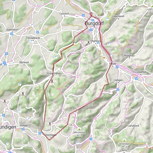 Zemljevid v pomanjšavi "Gravel Bike Route: Krauchthal - Vechigen Loop" kolesarske inspiracije v Espace Mittelland, Switzerland. Generirano z načrtovalcem kolesarskih poti Tarmacs.app
