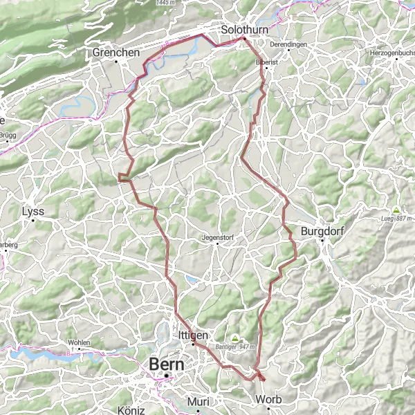 Zemljevid v pomanjšavi "Gozdne poti okoli Worb" kolesarske inspiracije v Espace Mittelland, Switzerland. Generirano z načrtovalcem kolesarskih poti Tarmacs.app
