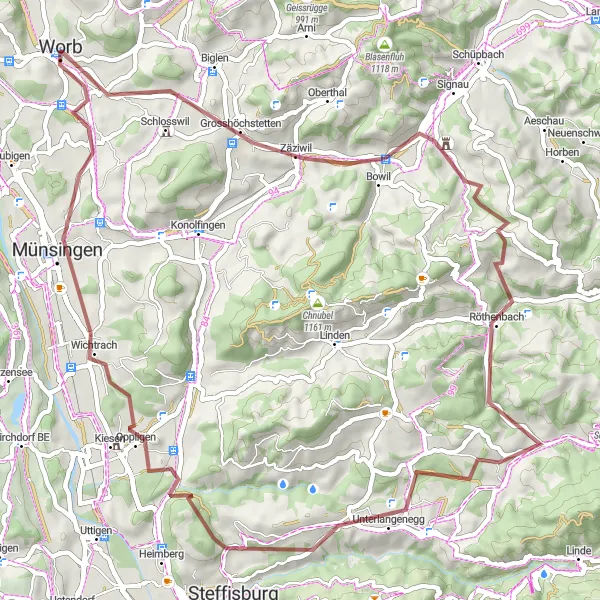 Miniature de la carte de l'inspiration cycliste "Le Circuit de Zäziwil à Trimstein" dans la Espace Mittelland, Switzerland. Générée par le planificateur d'itinéraire cycliste Tarmacs.app