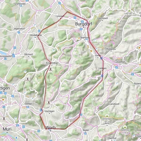 Karttaminiaatyyri "Worb - Chanzel - Burgdorf - Walkringen - Worbberg Circuit" pyöräilyinspiraatiosta alueella Espace Mittelland, Switzerland. Luotu Tarmacs.app pyöräilyreittisuunnittelijalla