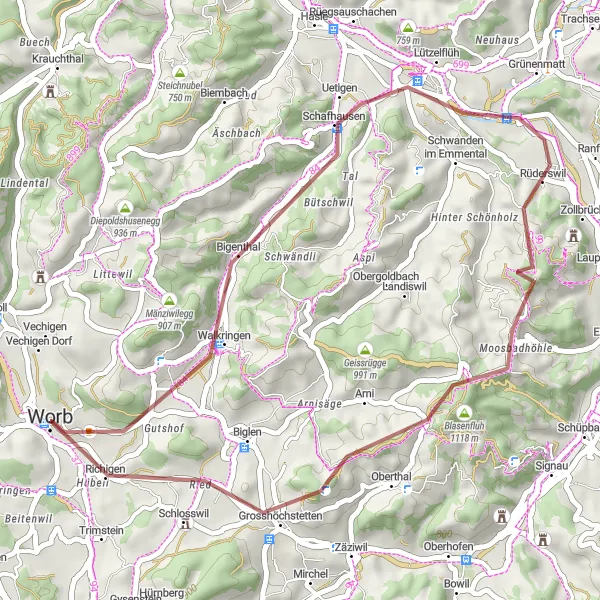 Karttaminiaatyyri "Worbbergin ympäriajo polku" pyöräilyinspiraatiosta alueella Espace Mittelland, Switzerland. Luotu Tarmacs.app pyöräilyreittisuunnittelijalla