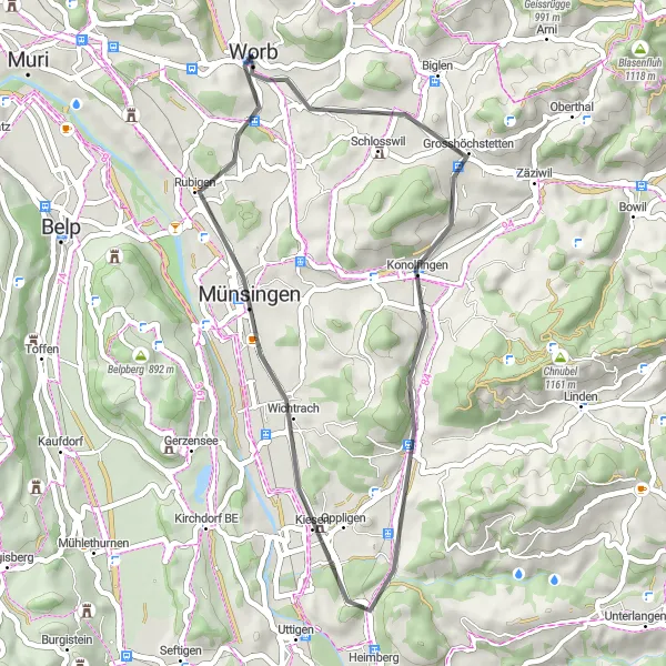 Kartminiatyr av "Utflykt till Rubigen" cykelinspiration i Espace Mittelland, Switzerland. Genererad av Tarmacs.app cykelruttplanerare