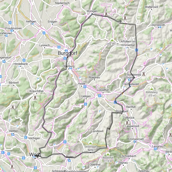Miniature de la carte de l'inspiration cycliste "Aventure cycliste à travers les collines du canton de Berne" dans la Espace Mittelland, Switzerland. Générée par le planificateur d'itinéraire cycliste Tarmacs.app