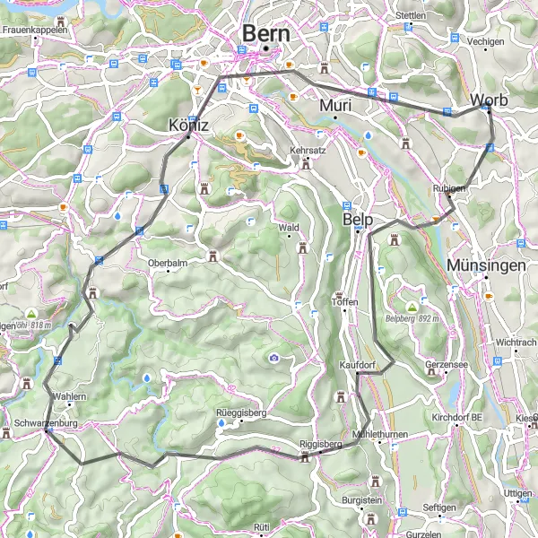 Miniature de la carte de l'inspiration cycliste "Circuit des Châteaux et des Collines" dans la Espace Mittelland, Switzerland. Générée par le planificateur d'itinéraire cycliste Tarmacs.app