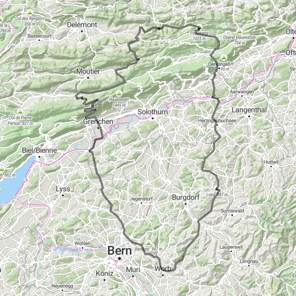 Miniaturní mapa "Extrémní výzva kolem Grenchenu" inspirace pro cyklisty v oblasti Espace Mittelland, Switzerland. Vytvořeno pomocí plánovače tras Tarmacs.app