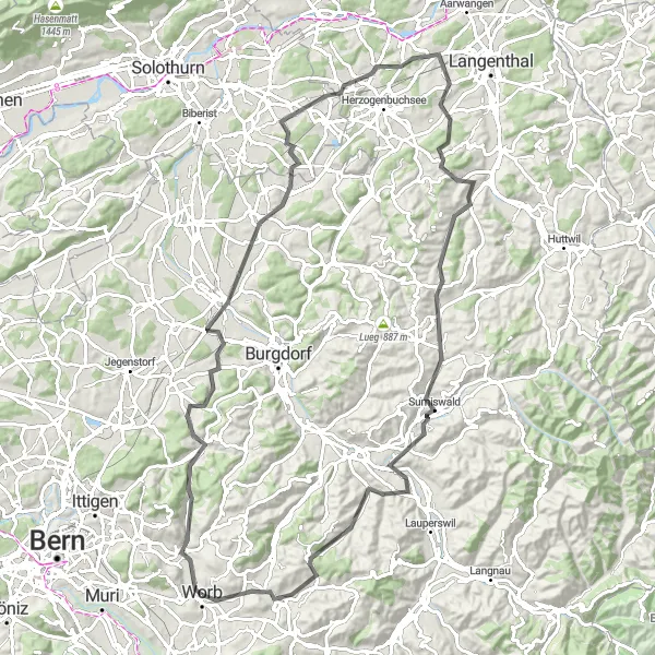Miniatua del mapa de inspiración ciclista "Ruta por carretera Worb - Neues Schloss Worb" en Espace Mittelland, Switzerland. Generado por Tarmacs.app planificador de rutas ciclistas