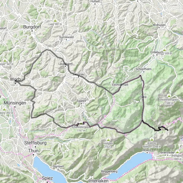 Map miniature of "Worb Gravel Adventure" cycling inspiration in Espace Mittelland, Switzerland. Generated by Tarmacs.app cycling route planner