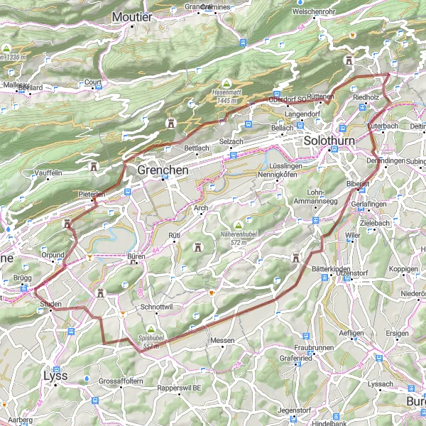 Miniatua del mapa de inspiración ciclista "Recorrido de gravilla a partir de Worben" en Espace Mittelland, Switzerland. Generado por Tarmacs.app planificador de rutas ciclistas