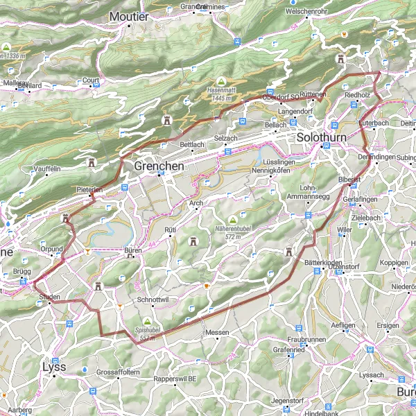 Karttaminiaatyyri "Historiallinen pyöräretki Derendingeniin" pyöräilyinspiraatiosta alueella Espace Mittelland, Switzerland. Luotu Tarmacs.app pyöräilyreittisuunnittelijalla