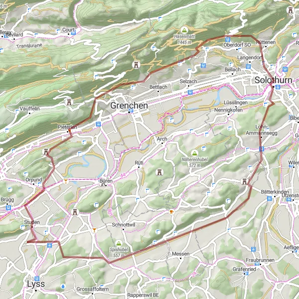 Miniaturekort af cykelinspirationen "Aegerten til Busswil Grussti" i Espace Mittelland, Switzerland. Genereret af Tarmacs.app cykelruteplanlægger