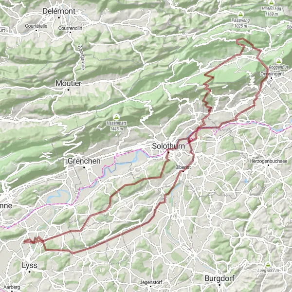 Map miniature of "Challenging Gravel Exploration" cycling inspiration in Espace Mittelland, Switzerland. Generated by Tarmacs.app cycling route planner