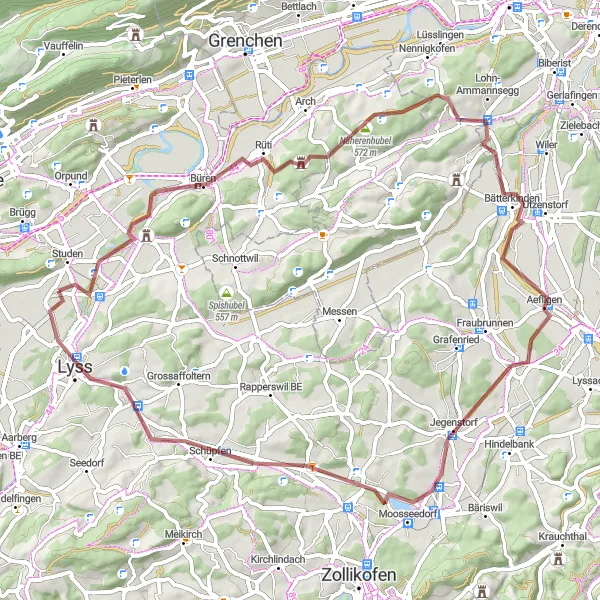 Zemljevid v pomanjšavi "Gorsko kolesarjenje skozi Schlosshubel in Bätterkinden" kolesarske inspiracije v Espace Mittelland, Switzerland. Generirano z načrtovalcem kolesarskih poti Tarmacs.app