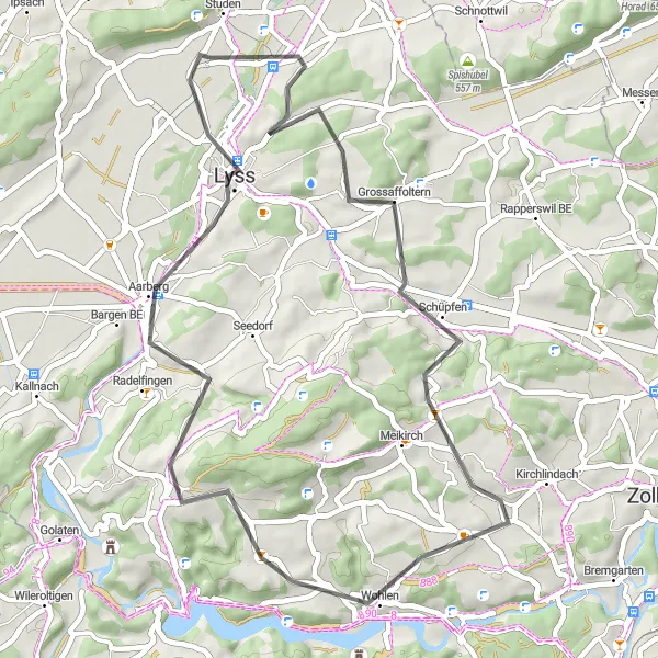 Miniatua del mapa de inspiración ciclista "Lago Biel/Bienne a través del Campo de St. Jonh, Suiza" en Espace Mittelland, Switzerland. Generado por Tarmacs.app planificador de rutas ciclistas