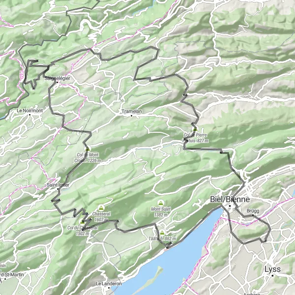 Miniatua del mapa de inspiración ciclista "Ruta en carretera desde Worben" en Espace Mittelland, Switzerland. Generado por Tarmacs.app planificador de rutas ciclistas