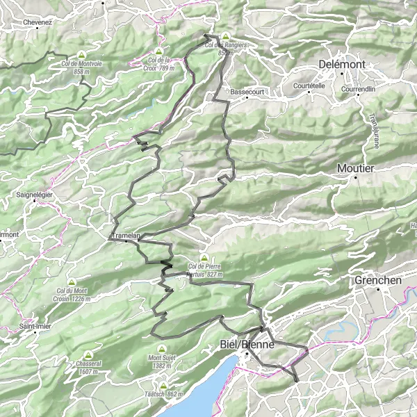 Map miniature of "Mountainous Challenges and Serene Landscapes" cycling inspiration in Espace Mittelland, Switzerland. Generated by Tarmacs.app cycling route planner