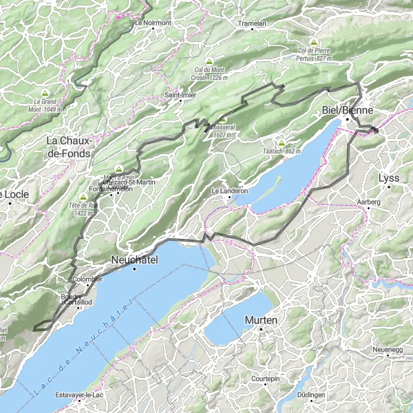 Miniature de la carte de l'inspiration cycliste "Les Collines du Jura et les Rives du Lac de Neuchâtel" dans la Espace Mittelland, Switzerland. Générée par le planificateur d'itinéraire cycliste Tarmacs.app