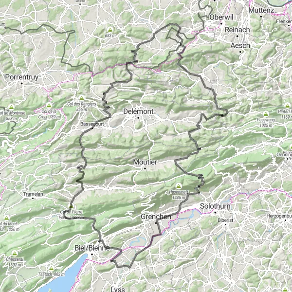 Miniatua del mapa de inspiración ciclista "Ruta de Carretera desde Worben" en Espace Mittelland, Switzerland. Generado por Tarmacs.app planificador de rutas ciclistas