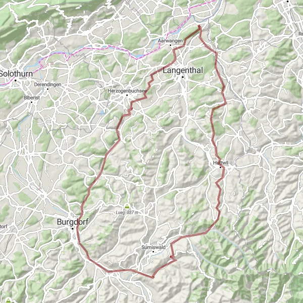 Karttaminiaatyyri "Pyöräilyretki Melchnausta Aarwangeniin" pyöräilyinspiraatiosta alueella Espace Mittelland, Switzerland. Luotu Tarmacs.app pyöräilyreittisuunnittelijalla