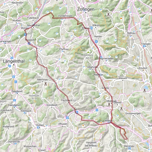 Kartminiatyr av "Kullar och gröna fält" cykelinspiration i Espace Mittelland, Switzerland. Genererad av Tarmacs.app cykelruttplanerare