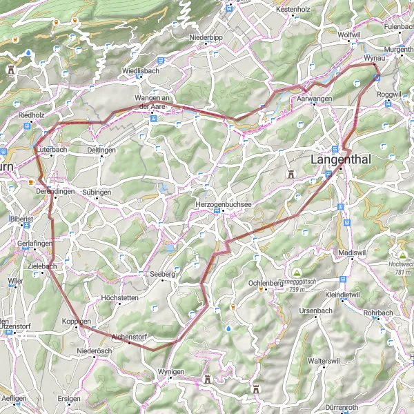Miniature de la carte de l'inspiration cycliste "Parcours gravel à travers les villages près de Wynau" dans la Espace Mittelland, Switzerland. Générée par le planificateur d'itinéraire cycliste Tarmacs.app