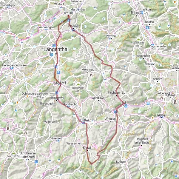 Zemljevid v pomanjšavi "Raziskovanje podeželskih vasice" kolesarske inspiracije v Espace Mittelland, Switzerland. Generirano z načrtovalcem kolesarskih poti Tarmacs.app