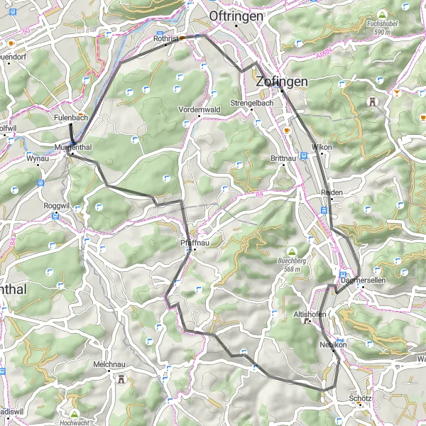 Karttaminiaatyyri "Wynau - Murgenthal - Pfaffnau - Wynau" pyöräilyinspiraatiosta alueella Espace Mittelland, Switzerland. Luotu Tarmacs.app pyöräilyreittisuunnittelijalla