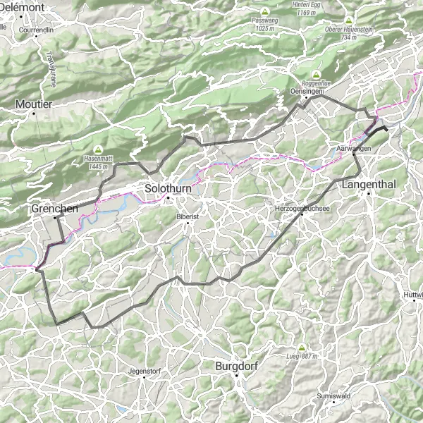 Karttaminiaatyyri "Wynau - Wolfwil - Grenchen - Wynau" pyöräilyinspiraatiosta alueella Espace Mittelland, Switzerland. Luotu Tarmacs.app pyöräilyreittisuunnittelijalla