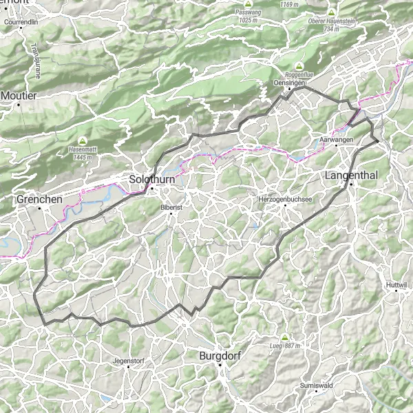Karten-Miniaturansicht der Radinspiration "Road Cycling Tour durch idyllische Landschaften" in Espace Mittelland, Switzerland. Erstellt vom Tarmacs.app-Routenplaner für Radtouren