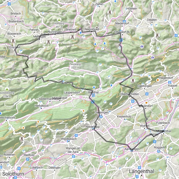 Mapa miniatúra "Turistika na ťažké trase - Oensingen a Niederbuchsiten" cyklistická inšpirácia v Espace Mittelland, Switzerland. Vygenerované cyklistickým plánovačom trás Tarmacs.app