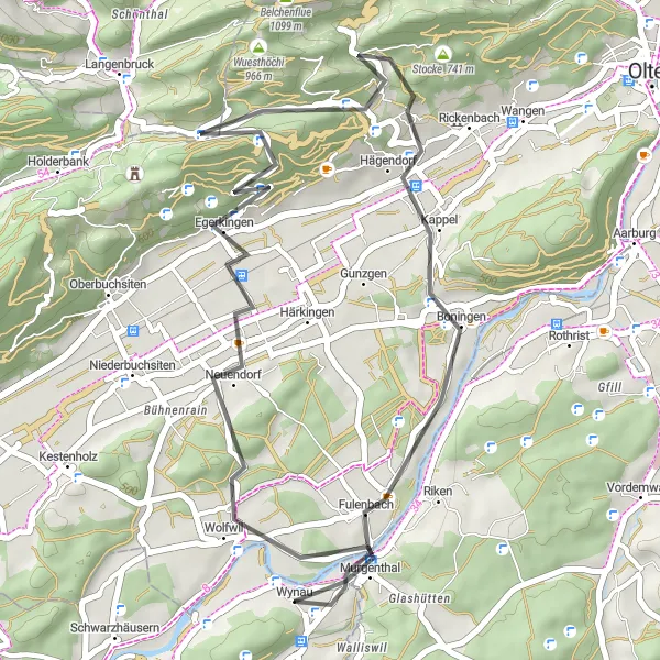 Mapa miniatúra "Cyklotrasa cez Egerkingen a Ramelen" cyklistická inšpirácia v Espace Mittelland, Switzerland. Vygenerované cyklistickým plánovačom trás Tarmacs.app
