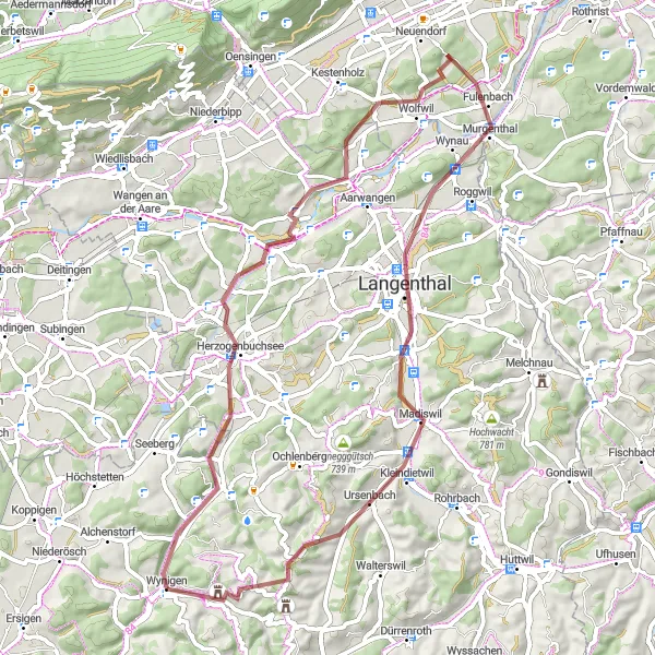 Kartminiatyr av "Rundtur til Ursenbach" sykkelinspirasjon i Espace Mittelland, Switzerland. Generert av Tarmacs.app sykkelrutoplanlegger