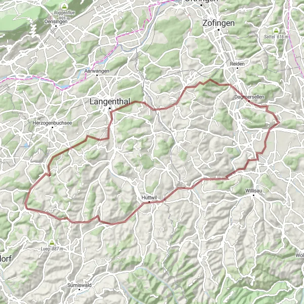 Mapa miniatúra "Gravel okolo Buechbergu" cyklistická inšpirácia v Espace Mittelland, Switzerland. Vygenerované cyklistickým plánovačom trás Tarmacs.app