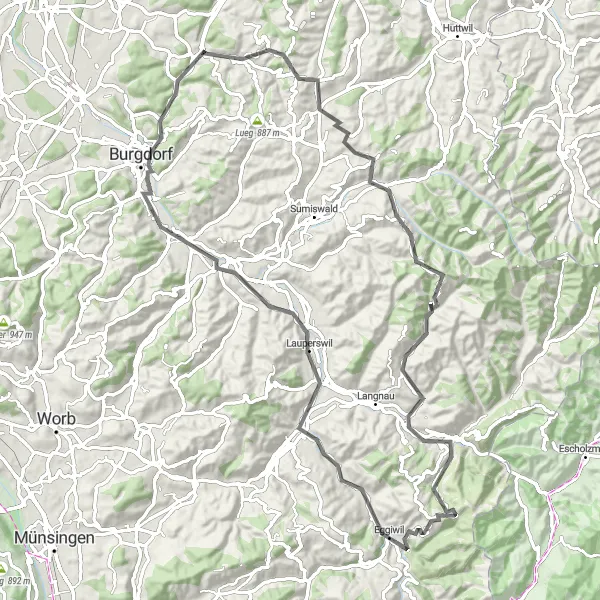 Zemljevid v pomanjšavi "Raznoliko cestno kolesarjenje skozi zgodovinske kraje" kolesarske inspiracije v Espace Mittelland, Switzerland. Generirano z načrtovalcem kolesarskih poti Tarmacs.app