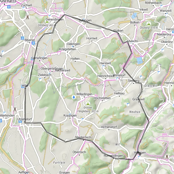 Miniatura della mappa di ispirazione al ciclismo "Breve Giro su Strada nei Dintorni di Wynigen" nella regione di Espace Mittelland, Switzerland. Generata da Tarmacs.app, pianificatore di rotte ciclistiche